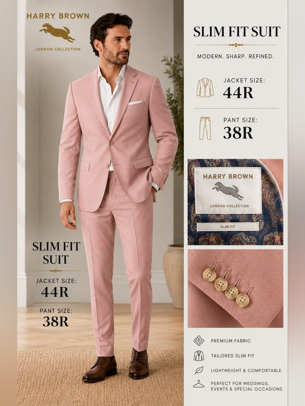 Harry Brown London Collection Slim Fit Pink Men's Suit – 44R Jacket / 38R Pant